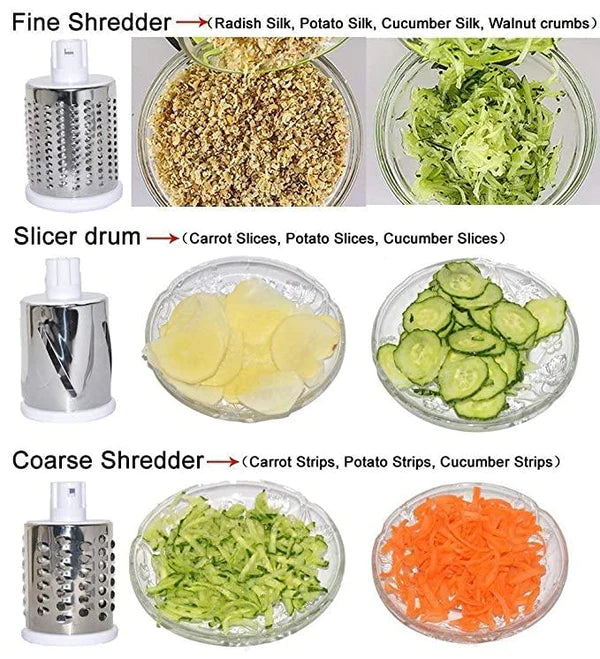 4 IN 1 ROTARY DRUM VEGETABLE GRATER & SLICER