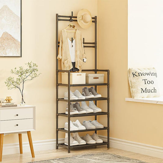 5-Tier Multifunctional Clothes & Shoe Organizer Rack with Hooks
