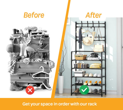 5-Tier Multifunctional Clothes & Shoe Organizer Rack with Hooks
