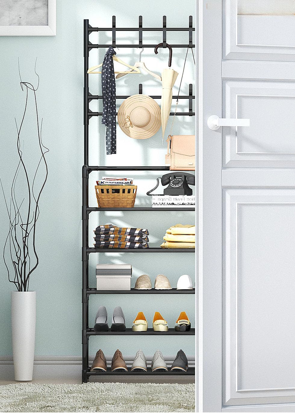 5-Tier Multifunctional Clothes & Shoe Organizer Rack with Hooks