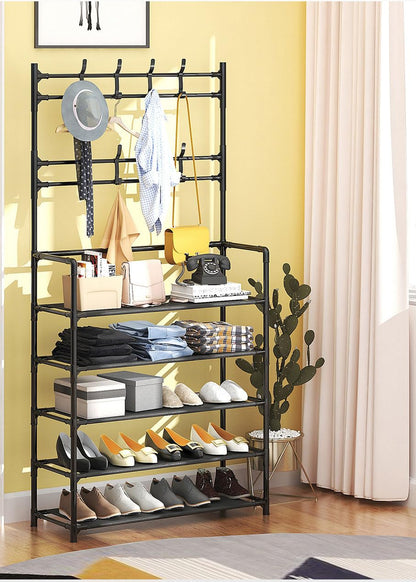 5-Tier Multifunctional Clothes & Shoe Organizer Rack with Hooks