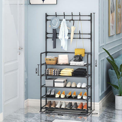 5-Tier Multifunctional Clothes & Shoe Organizer Rack with Hooks