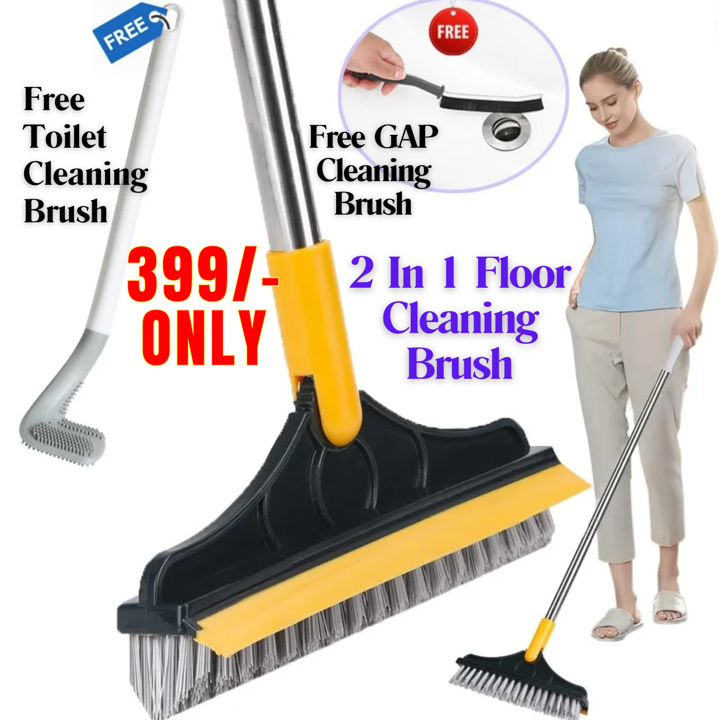 2 In 1 Floor Cleaning Brush With Soft Scraper + Toilet & Gap Cleaning Brush (FREE)